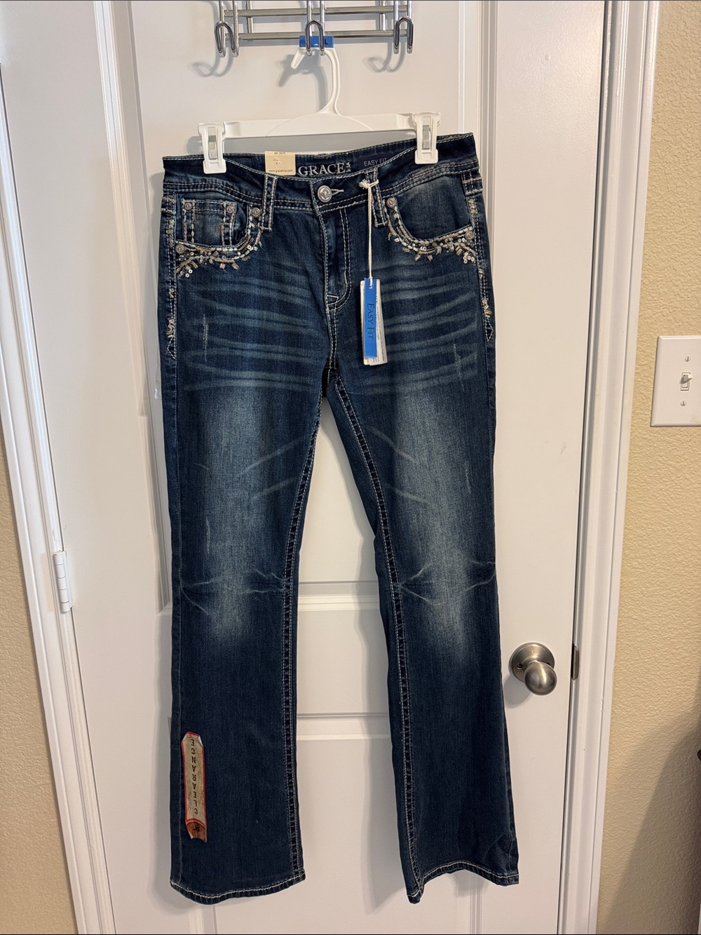 Grace in LA Women's Dark Wash Bootcut Jeans with Embellished Pockets - Dark Blue